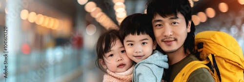 Happy family portrait, father holding two young children, smiling,  positive vibes.