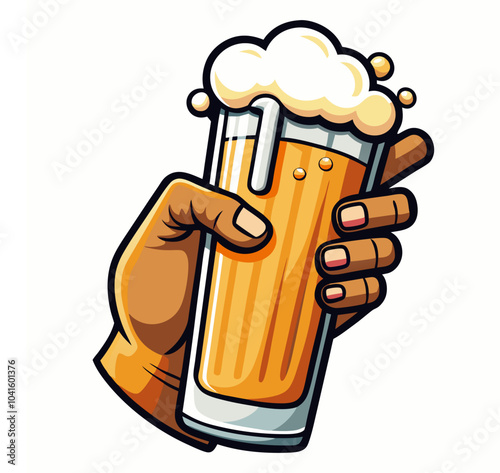 Vector illustration of a hand holding a frothy vintage beer mug with golden-yellow liquid, featuring a festival concept. Includes an Oktoberfest party invitation outline and a beer bottle icon.