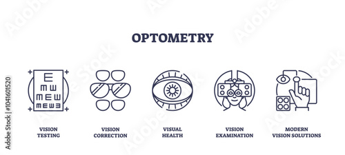 Optometry icons depict vision testing, correction, and examination, transparent background. Key objects, eye chart, glasses, eye. Outline icons set.