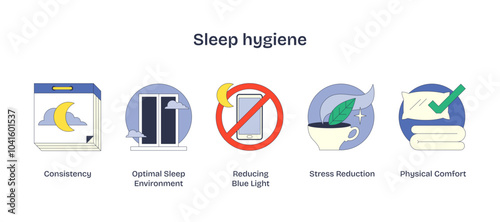 Sleep hygiene icons show consistency, reducing blue light, and stress reduction, transparent background.