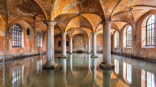 Historic Brick Vaulted Chamber with Water Reflections and Columns