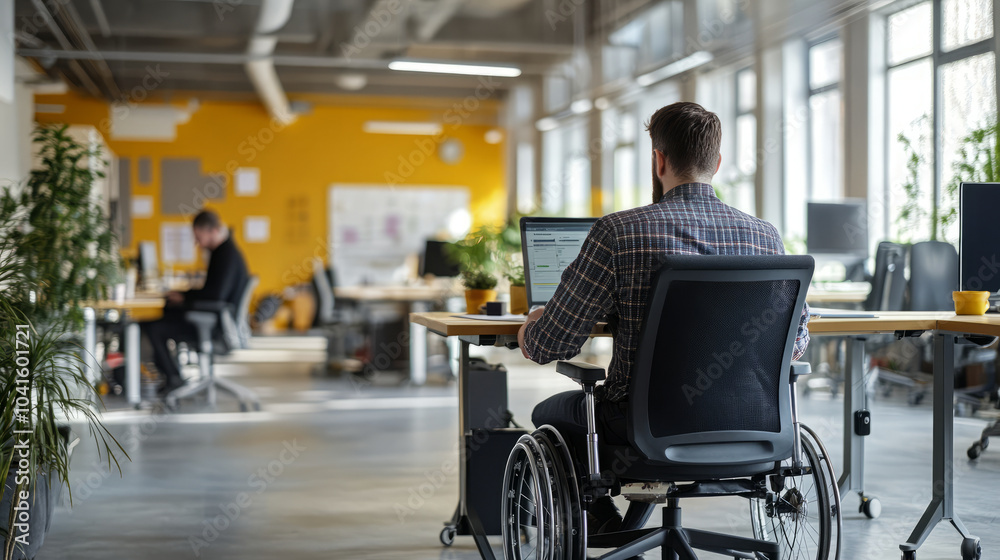 An accessible workspace designed for individuals with disabilities, featuring adaptive tools and technology, showcasing inclusivity in a modern office environment An accessible workspace designed for individuals with disabilities, featuring adaptive tools and technology, showcasing inclusivity in a modern office environment