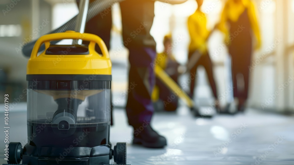 Obraz premium Office cleaning service staff using a vacuum cleaner with people in the background Clean and professional environment with copy space