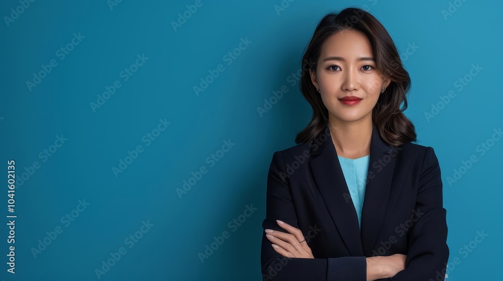 Confident businesswoman standing against a blue background. Confident businesswoman standing against a blue background.