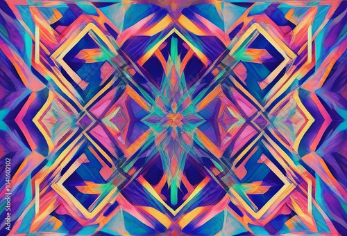 Symmetric digital abstract kaleidoscopic pattern artwork characterized by a vivid, geometric shapes