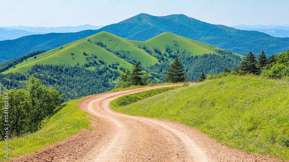 Winding Dirt Road Through Lush Green Mountain Landscape Winding Dirt Road Through Lush Green Mountain Landscape