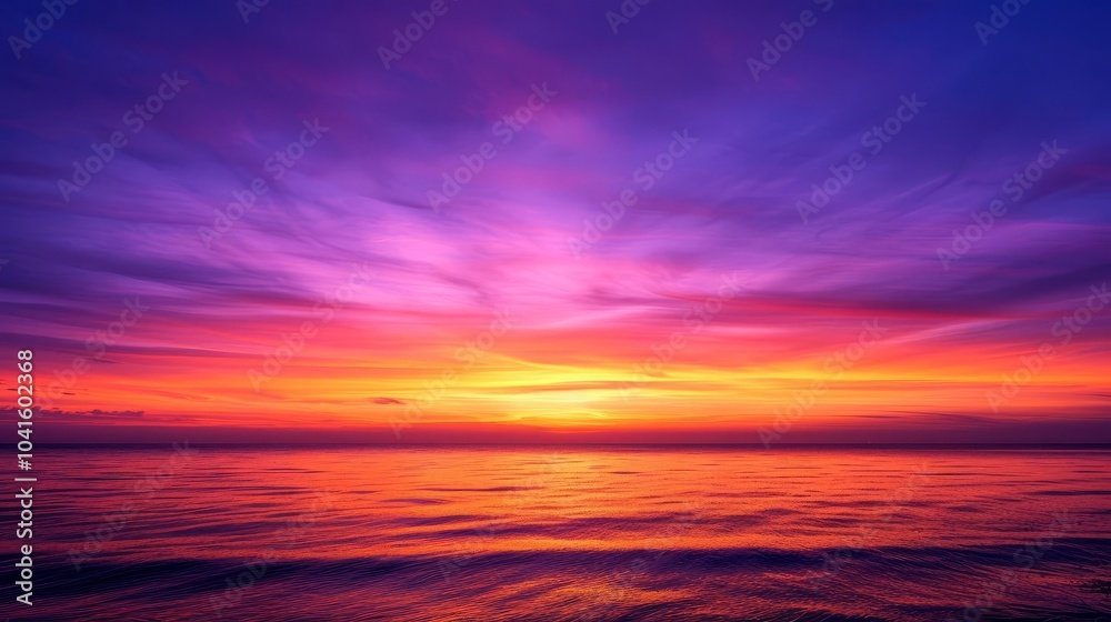 Obraz premium Vibrant sunset over the ocean with colorful clouds.