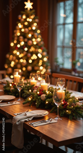 Festive Christmas Dining Table: Rustic Wood, Elegant Settings, and Decorated Tree for Holiday Marketing