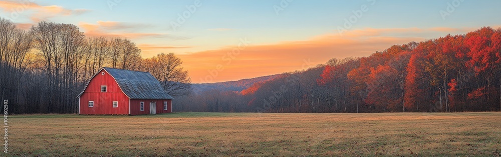 Naklejka premium Autumn barn landscape with vibrant fall foliage scene