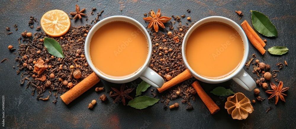 Two cups of masala chai with spices and ingredients around them on a rustic background. Two cups of masala chai with spices and ingredients around them on a rustic background.