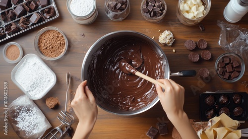 Hands stirring melted chocolate in a pot, surrounded by chocolate making ingredients. photo