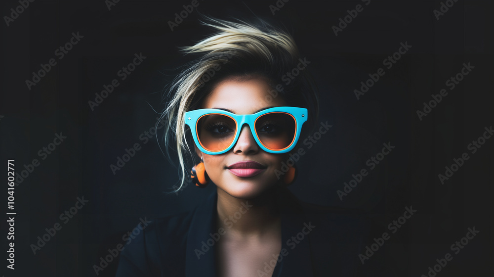 Trendy, young white woman with funky, colorful glasses and a hip hairdo working freelance on isolated black background with copy space Trendy, young white woman with funky, colorful glasses and a hip hairdo working freelance on isolated black background with copy space