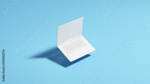 White laptop notebook computer keyboard office communication pale blue background 3d illustration render photo