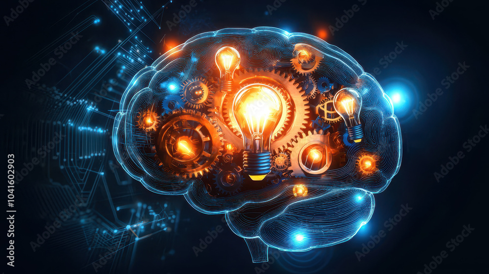 Conceptual illustration of a glowing brain with light bulbs and gears, symbolizing creativity, innovation, and intelligence in a technological landscape