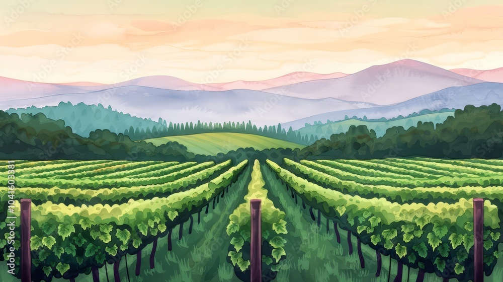 Vineyard landscape with mountains in the background during sunset.