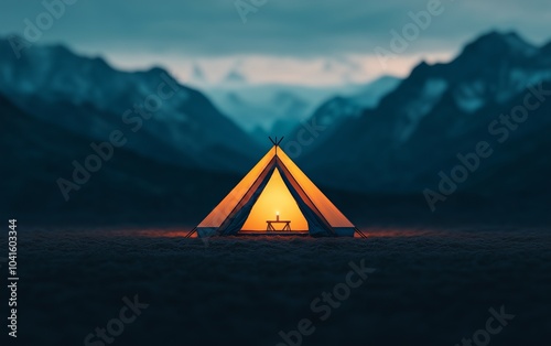 A tranquil camping scene featuring a glowing tent surrounded by majestic mountains at dusk. photo