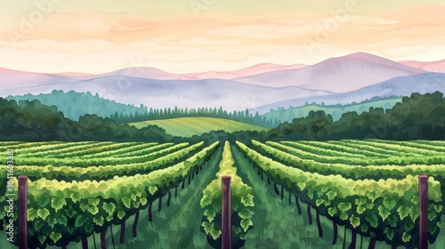 Vineyard landscape with mountains in the background during sunset.