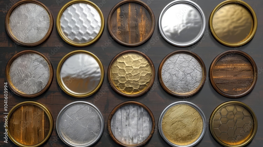 Assortment of round metal and wooden coasters with various textures. Assortment of round metal and wooden coasters with various textures.