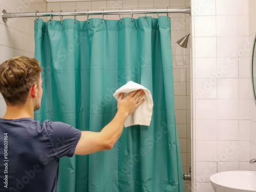 Obraz na płótnie A man is cleaning a shower curtain with a towel. The shower curtain is blue and the towel is white w salonie