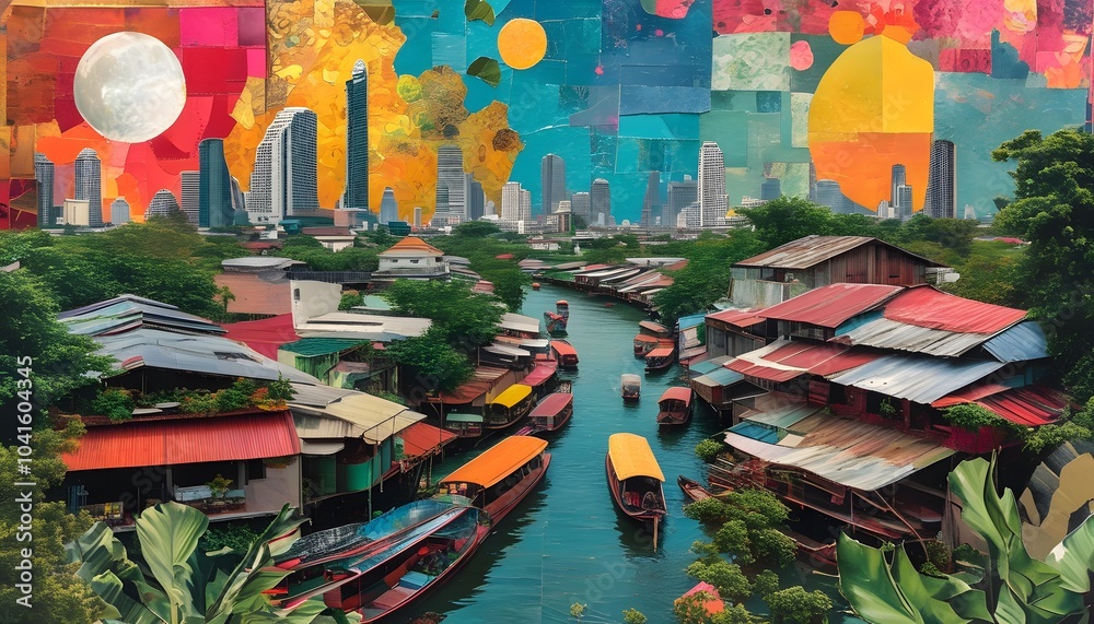 Naklejka premium Colorful Collage of Cityscape River Boats and Houses