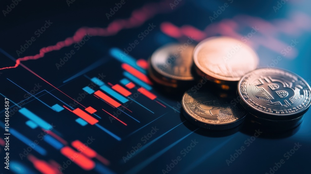 A close-up of shiny Bitcoin coins stacked against a vibrant financial chart with red and blue candlestick patterns, symbolizing the dynamic cryptocurrency market and trading trends. A close-up of shiny Bitcoin coins stacked against a vibrant financial chart with red and blue candlestick patterns, symbolizing the dynamic cryptocurrency market and trading trends.