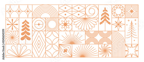 Vector greeting card with stars and sparkles in line style  - merry christmas hand-lettering with line shapes and forms, horizontal banner and background, happy holidays