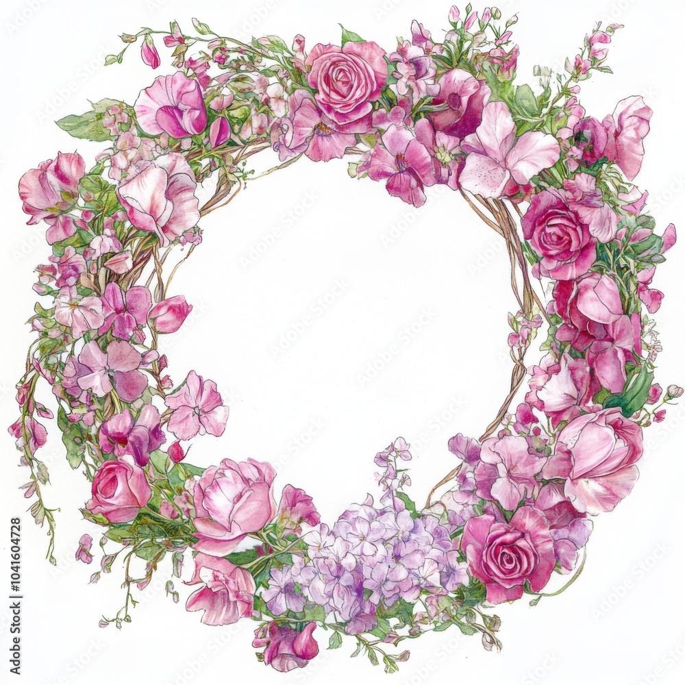 vibrant arrangement of pink roses, hydrangeas, and sweet peas, carefully intertwined vibrant arrangement of pink roses, hydrangeas, and sweet peas, carefully intertwined