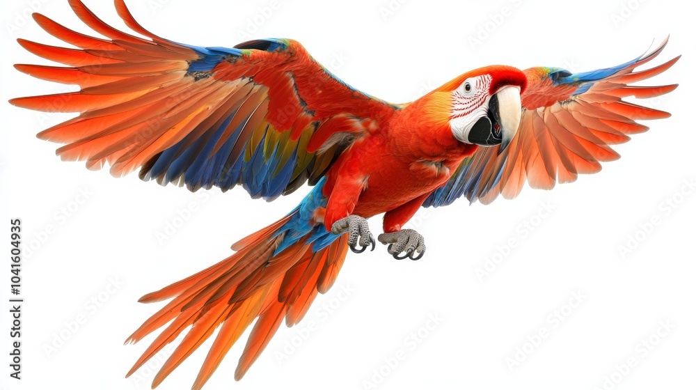 Fototapeta premium Brightly colored scarlet macaw, perched with wings partially spread, isolated on a white background.