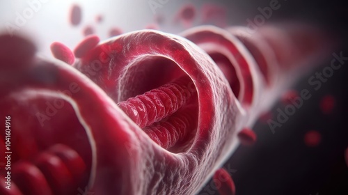 A detailed microscopic view of a human blood vessel reveals its intricate structure, with red blood cells flowing through, highlighting the dynamic nature of circulation. photo