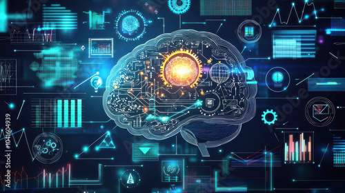 Digital illustration of a brain with circuitry and data analytics graphs representing artificial intelligence and technology integration