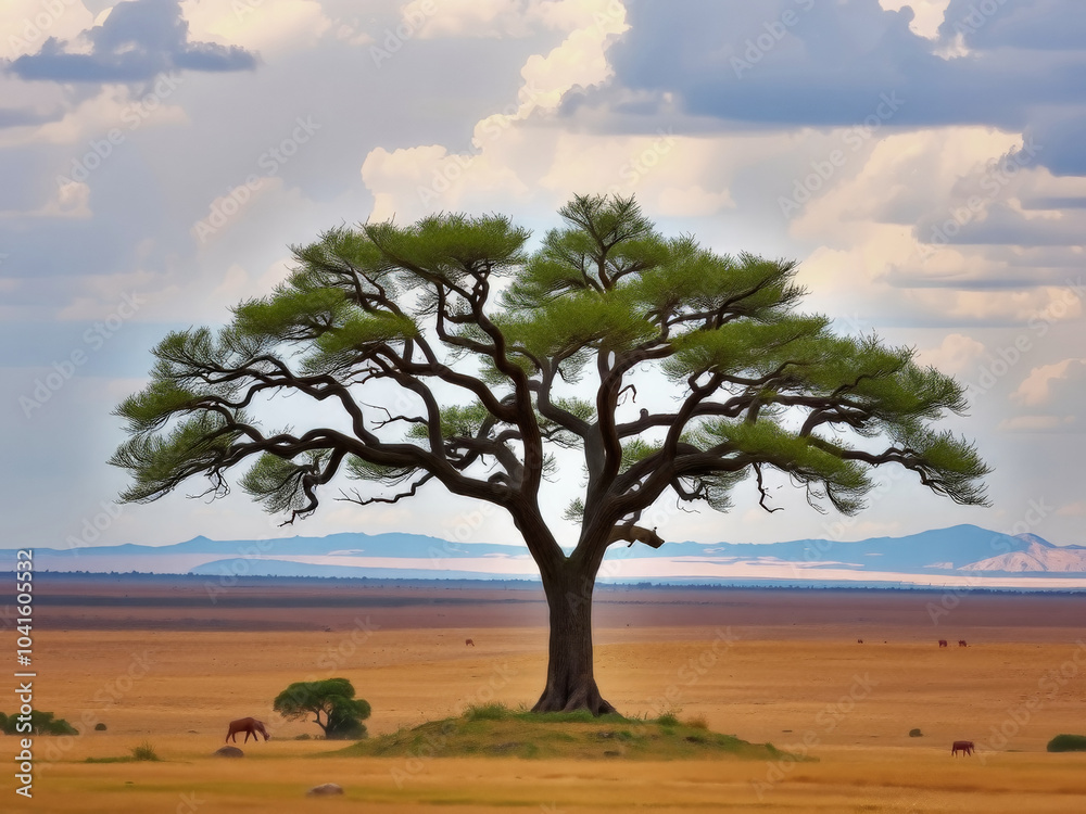 A majestic tree stands tall in a vast, open field, surrounded by a few animals. The scene is calm and tranquil, with the tree providing a sense of shelter and protection for the animals A majestic tree stands tall in a vast, open field, surrounded by a few animals. The scene is calm and tranquil, with the tree providing a sense of shelter and protection for the animals