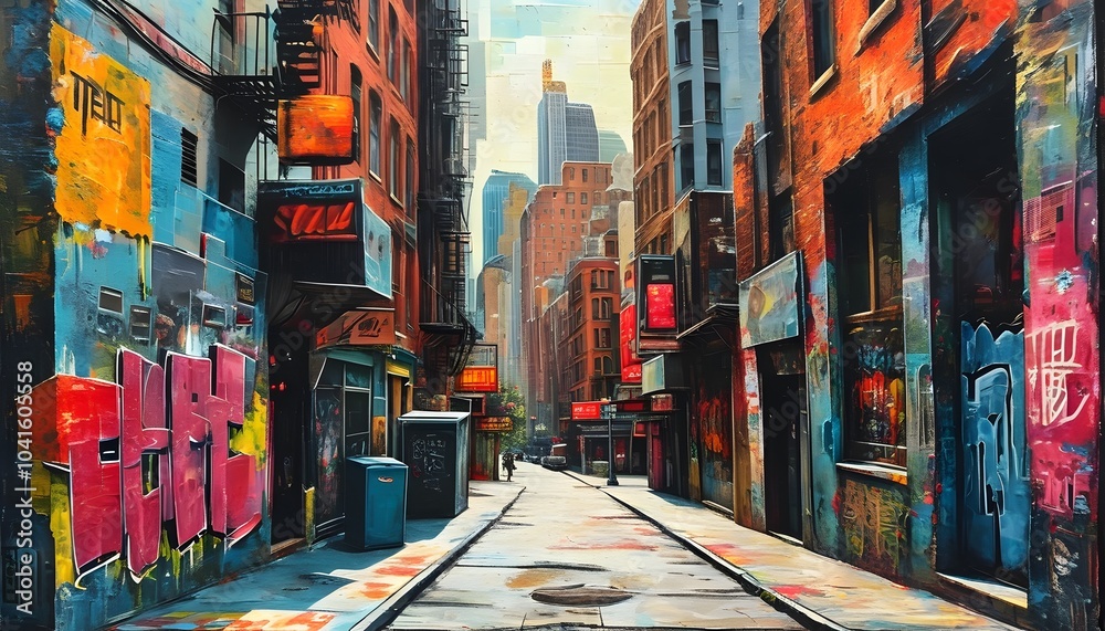 Fototapeta premium Colorful Urban Alleyway with Graffiti and Buildings