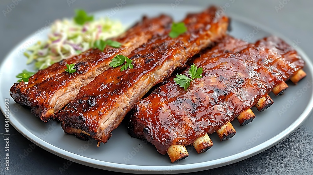 Deliciously glazed bbq ribs served with fresh slaw a mouthwatering culinary delight for meat lovers Deliciously glazed bbq ribs served with fresh slaw a mouthwatering culinary delight for meat lovers