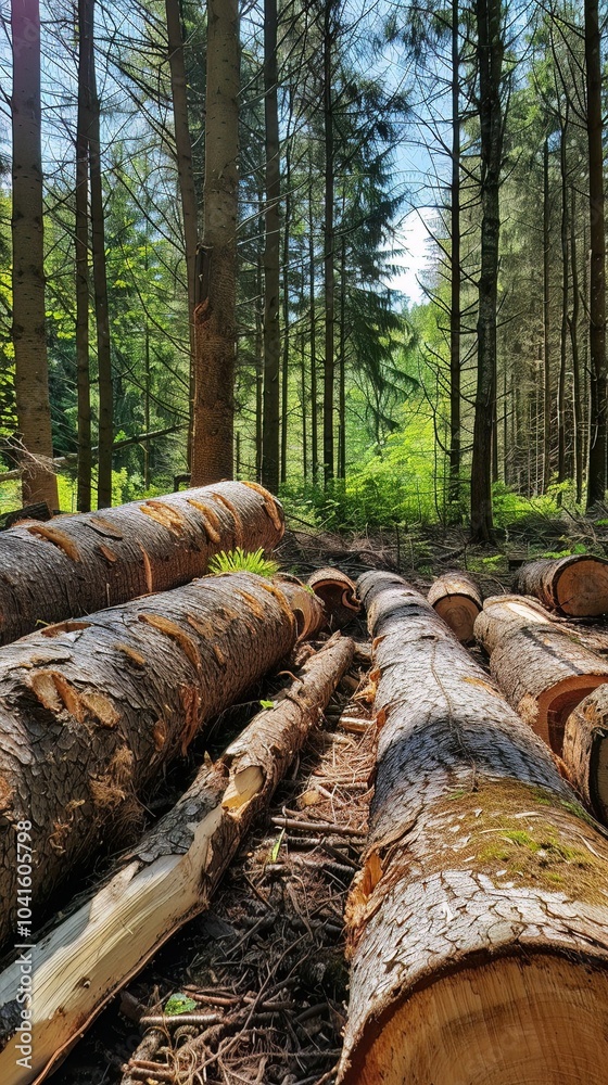 A tranquil forest scene with freshly cut logs on the ground, tall evergreens, and sunlight filtering through the leaves, highlighting the beauty of nature and sustainability. A tranquil forest scene with freshly cut logs on the ground, tall evergreens, and sunlight filtering through the leaves, highlighting the beauty of nature and sustainability.