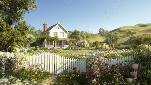 Serene Wild West Farmhouse with Blooming Gardens and Rolling Hills Under Cinematic Light