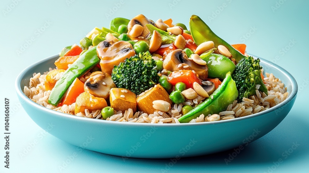 Concept of vegan food with plant-based ingredients. A colorful bowl of stir-fried vegetables and nuts served on brown rice, showcasing healthy ingredients and vibrant colors