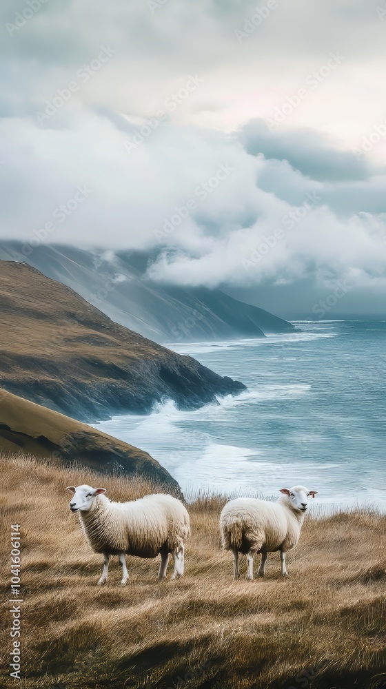 Obraz premium Two fluffy sheep peacefully grazing on a lush green clifftop with ocean views and moody clouds above, capturing nature's beauty and tranquility