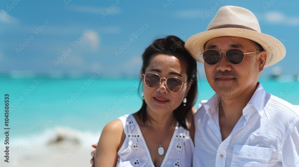 Happy Asian couple on a tropical beach vacation. Happy Asian couple on a tropical beach vacation.