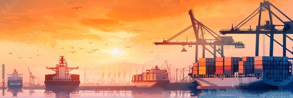 Cargo ships at a port at sunset with container cranes. Cargo ships at a port at sunset with container cranes.