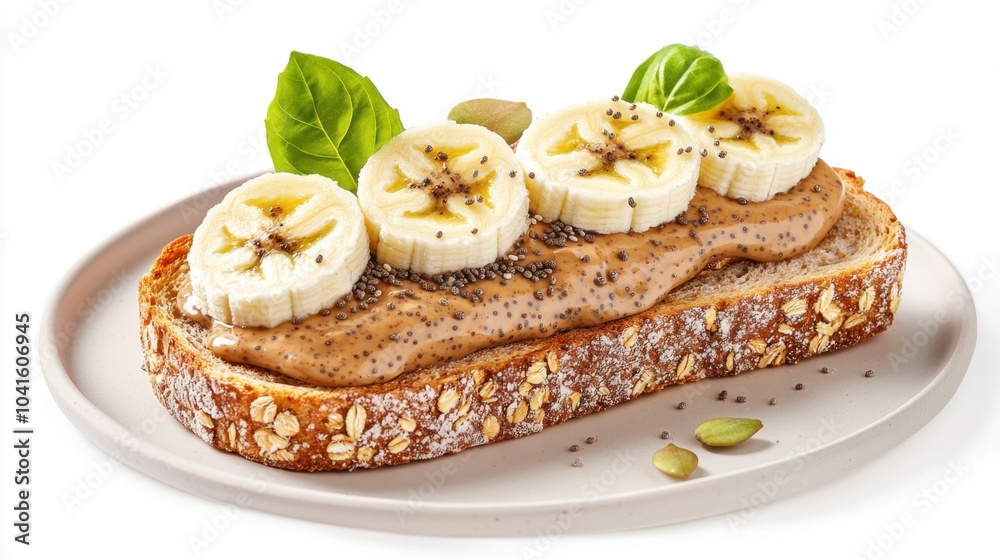 Concept of vegan food with plant-based ingredients. A nutritious slice of whole grain bread topped with almond butter, banana slices, and garnished with seeds and fresh basil Concept of vegan food with plant-based ingredients. A nutritious slice of whole grain bread topped with almond butter, banana slices, and garnished with seeds and fresh basil