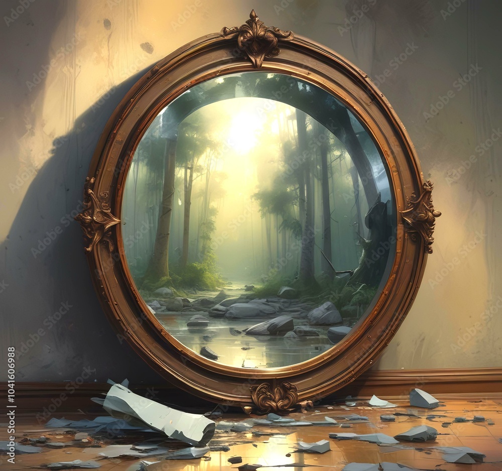 Obraz premium Illustration of mystic mirror in spooky environment.