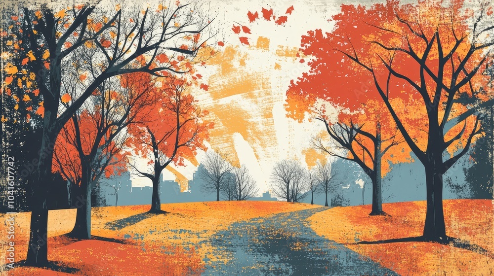 Autumn Landscape with Trees and Orange Foliage in a Sunset Park Scene Autumn Landscape with Trees and Orange Foliage in a Sunset Park Scene