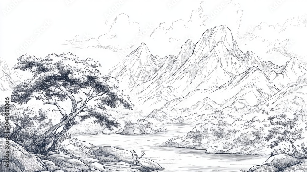 Line art illustration of traditional ink painting depicting mountainous scenery Line art illustration of traditional ink painting depicting mountainous scenery
