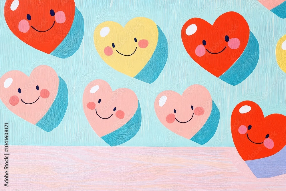 Coloring page of cheerful hearts with smiley faces on a wooden surface Coloring page of cheerful hearts with smiley faces on a wooden surface