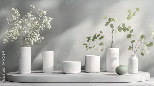 Minimalist Still Life with White Vases and Green Leaves