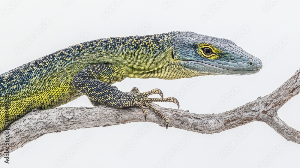 Green tree monitor lizard gripping a branch, its sleek body standing out against the white background. Green tree monitor lizard gripping a branch, its sleek body standing out against the white background.