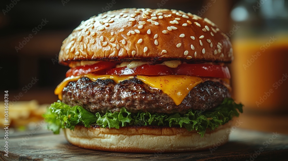 Indulge in a mouthwatering burger with melted cheese, fresh ingredients, and a toasted bun on rustic wood. Enjoy the juicy beef patty, crisp lettuce, ripe tomato, and savory sauce