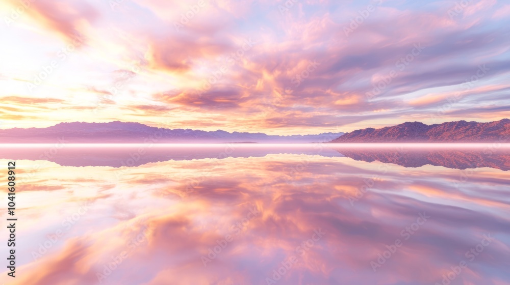 Fototapeta premium Majestic Wild West Sunset at Tranquil Lake with Colorful Cloud Reflections, Serene Landscape Photography with Cinematic Lighting