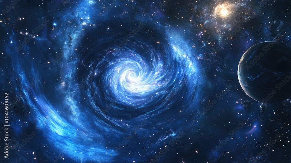 Obraz premium Illustration of a galaxy space background featuring a 3D cartoon rendering of stars a black hole nebula spiral galaxy Milky Way and planets