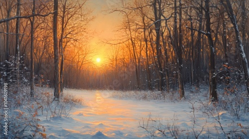 Oil painting depicting a sunrise in a tranquil forest clearing showcasing a serene winter landscape